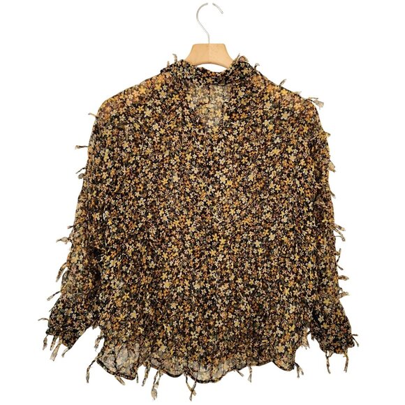 Zara Floral Fringe Blouse Long Sleeves Sheer Fairy Ethereal Garden Girl Pretty - Picture 2 of 8